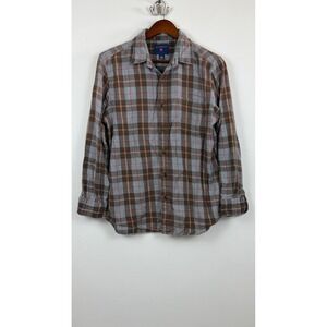 Saddlebred Mens Medium Brown Grey Plaid Cotton Flannel Long Sleeve Button Shirt